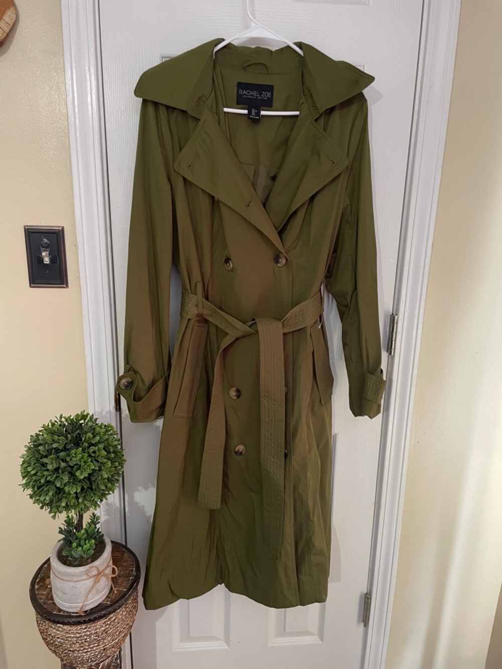 Rachel Zoe Olive Trench Preppy Minimalist Coat with Belted Waist